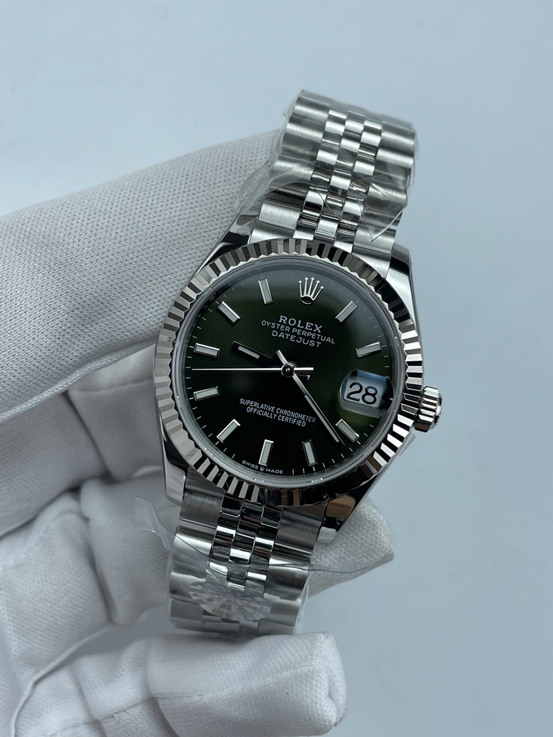 (준비완료/특급배송)NO.3509/롤렉스 데이저스트 31mm 여성용 시계 그린 바인덱스 다이얼 플루티드 베젤 쥬빌레 밴드 (QP공장)